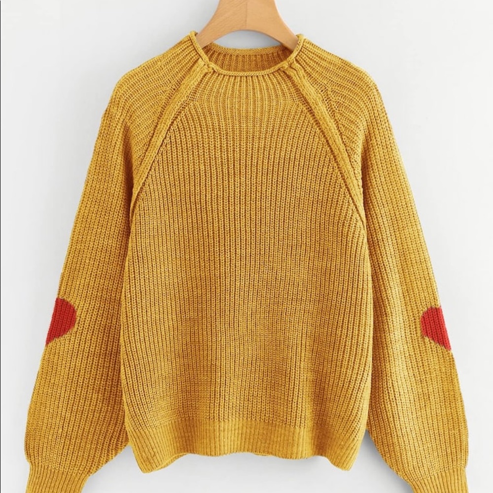 Mockneck, yellow sweater with heart elbow patches